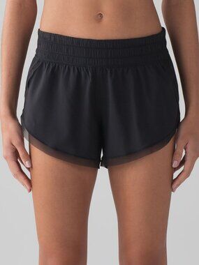 Lululemon Black Anew Running Shorts Women Sz 12 Elastic Waist Mesh Trim Mid Rise
